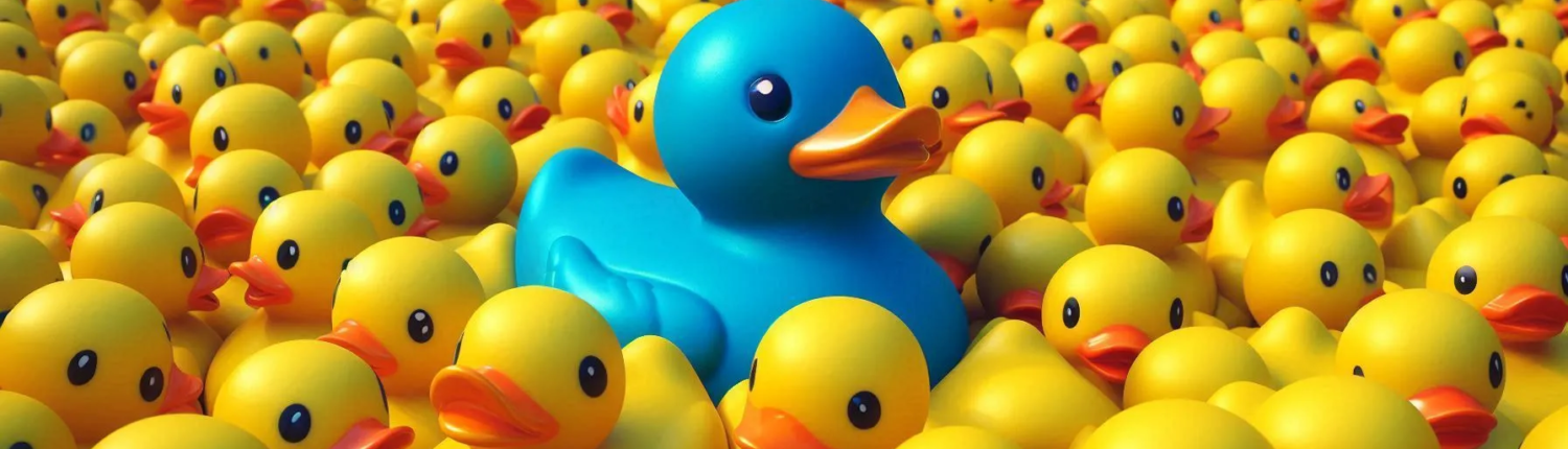 Eine größere blaue Plastik-Ente in einem Meer aus gelben Plastik-Enten symbolisiert die Bedeutung der Positionierung für Coaches, Heilpraktiker und Therapeuten.